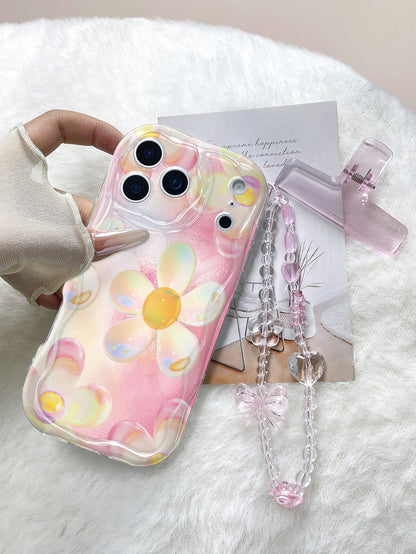 1pc Cream Wave Transparent TPU Soft Shell Gradient Pink Yellow Iridescent Bubble Flower Print Phone Case Compatible With All Models, Gentle Girl Ins Style With Pink Transparent Bow Heart Bead Chain Pr