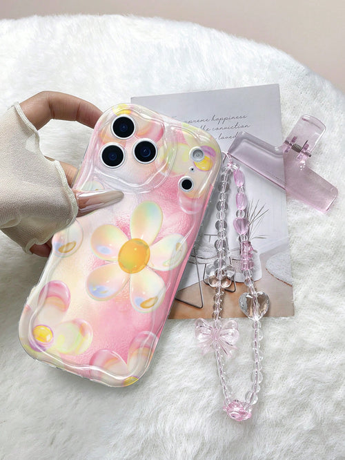 1pc Cream Wave Transparent TPU Soft Shell Gradient Pink Yellow Iridescent Bubble Flower Print Phone Case Compatible With All Models, Gentle Girl Ins Style With Pink Transparent Bow Heart Bead Chain Pr