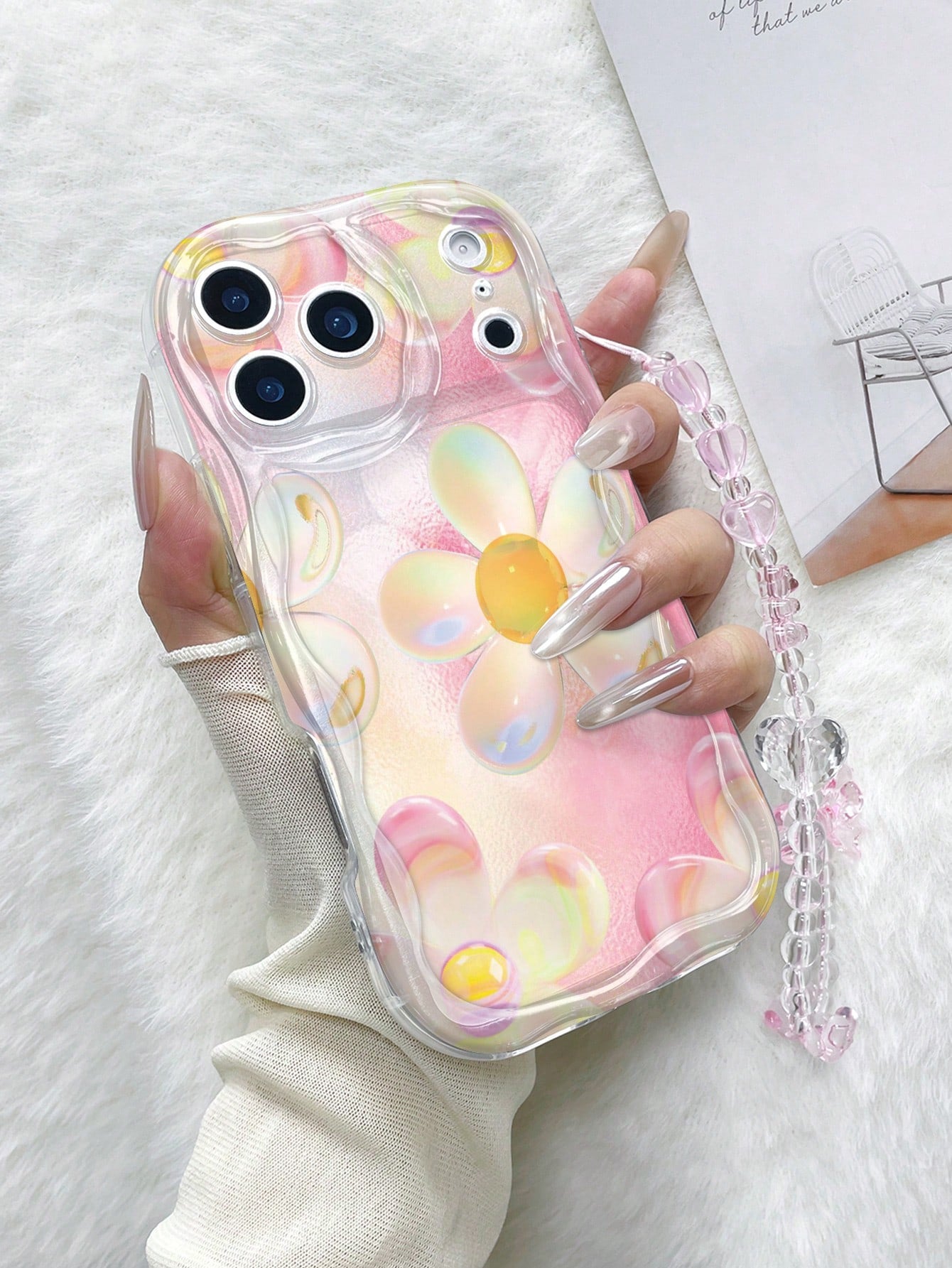 1pc Cream Wave Transparent TPU Soft Shell Gradient Pink Yellow Iridescent Bubble Flower Print Phone Case Compatible With All Models, Gentle Girl Ins Style With Pink Transparent Bow Heart Bead Chain Pr