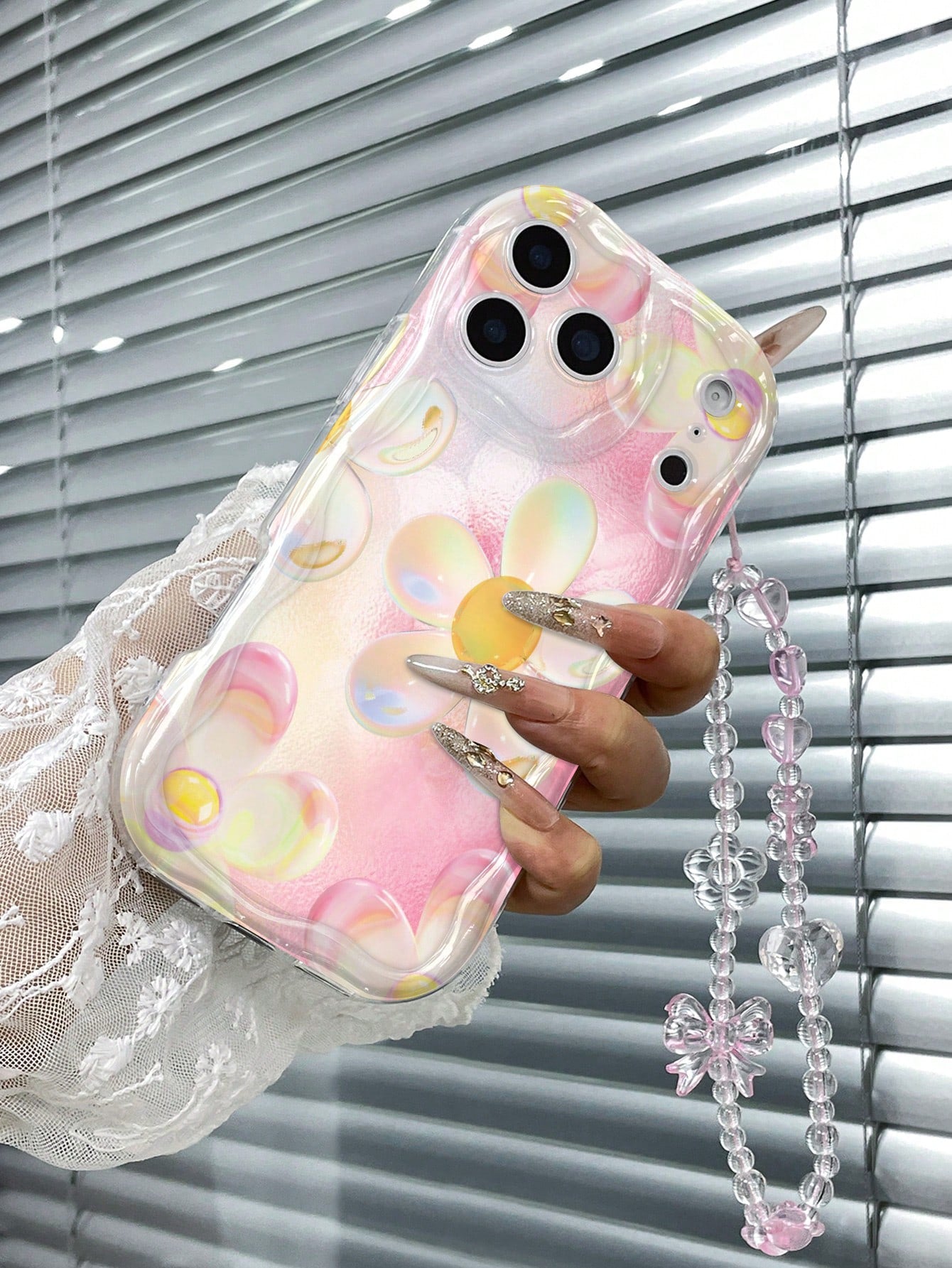 1pc Cream Wave Transparent TPU Soft Shell Gradient Pink Yellow Iridescent Bubble Flower Print Phone Case Compatible With All Models, Gentle Girl Ins Style With Pink Transparent Bow Heart Bead Chain Pr