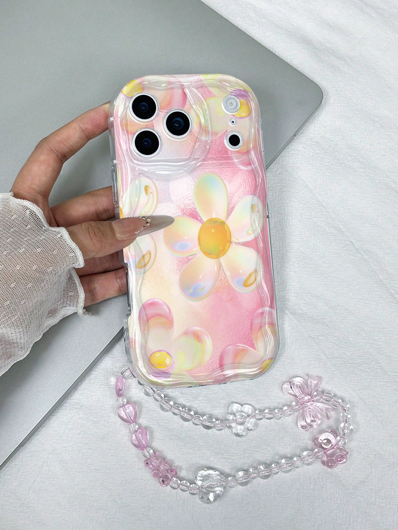 1pc Cream Wave Transparent TPU Soft Shell Gradient Pink Yellow Iridescent Bubble Flower Print Phone Case Compatible With All Models, Gentle Girl Ins Style With Pink Transparent Bow Heart Bead Chain Pr