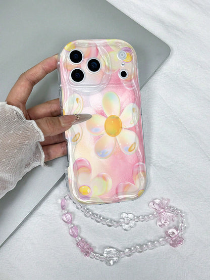 1pc Cream Wave Transparent TPU Soft Shell Gradient Pink Yellow Iridescent Bubble Flower Print Phone Case Compatible With All Models, Gentle Girl Ins Style With Pink Transparent Bow Heart Bead Chain Pr