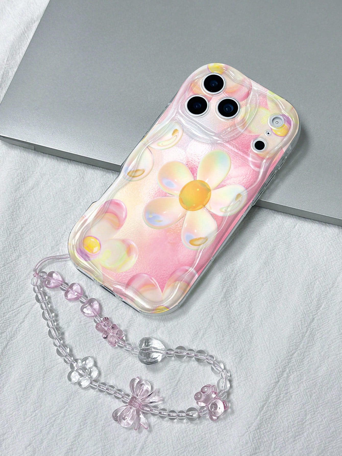 1pc Cream Wave Transparent TPU Soft Shell Gradient Pink Yellow Iridescent Bubble Flower Print Phone Case Compatible With All Models, Gentle Girl Ins Style With Pink Transparent Bow Heart Bead Chain Pr