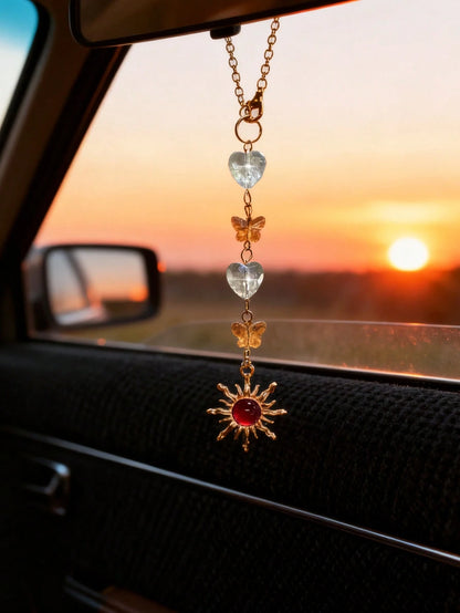 1pc Crystal Heart & Butterfly Car Hanging Decor, Sunflower Rearview Mirror Pendant, Interior Accessory
