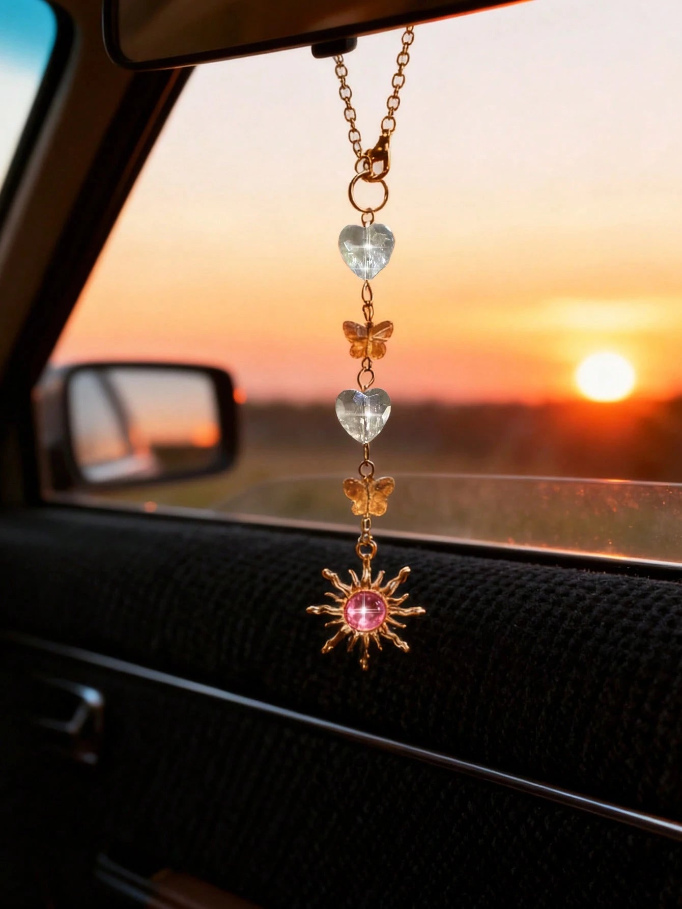 1pc Crystal Heart & Butterfly Car Hanging Decor, Sunflower Rearview Mirror Pendant, Interior Accessory