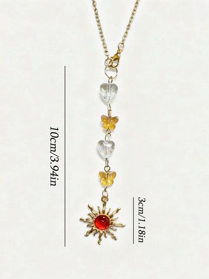 1pc Crystal Heart & Butterfly Car Hanging Decor, Sunflower Rearview Mirror Pendant, Interior Accessory