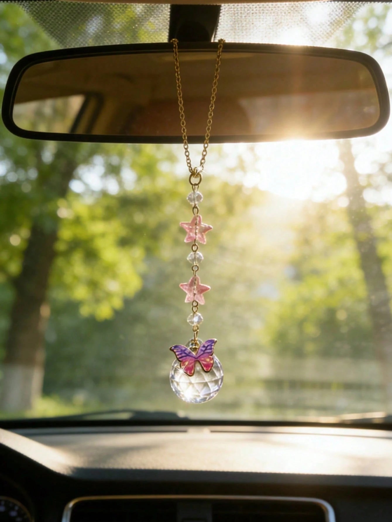 1pc Crystal Heart & Butterfly Car Hanging Decor, Sunflower Rearview Mirror Pendant, Interior Accessory