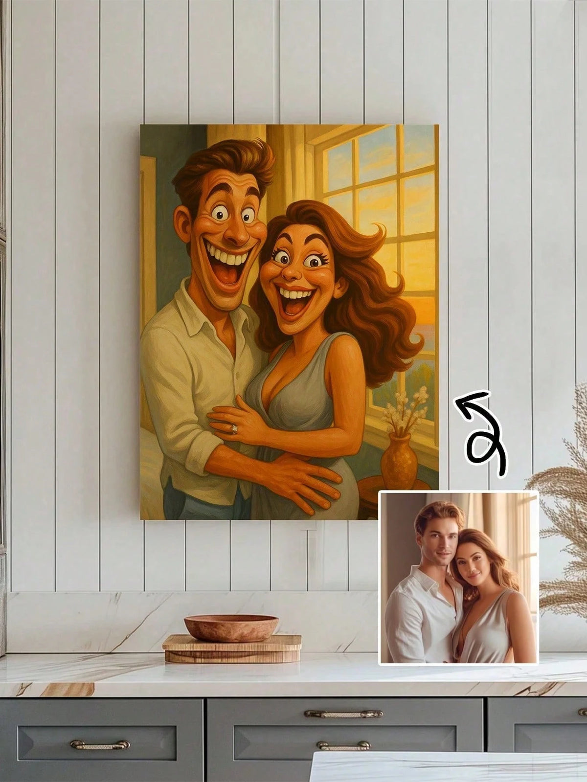 1pc Custom 2D Flat Frame Cartoon Portrait Canvas Wall Art, Funny Caricature Photo Oil Painting, Humorous Anime Character Portrait Wall Decor For Couples Friends Family Pets Office Home Decoration