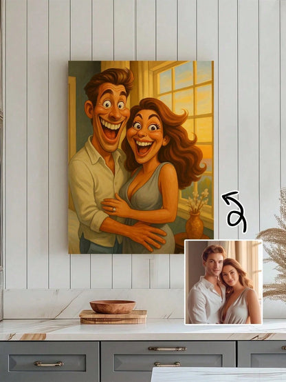 1pc Custom 2D Flat Frame Cartoon Portrait Canvas Wall Art, Funny Caricature Photo Oil Painting, Humorous Anime Character Portrait Wall Decor For Couples Friends Family Pets Office Home Decoration