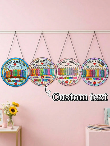 1pc Custom Teacher Stained Suncatcher, Personalized Classroom Decor, Teacher Appreciation Gift, End Of Year Present, Rainbow Crayon Border Stained Classroom Door Sign,Teacher Gift,New Teacher Welcome