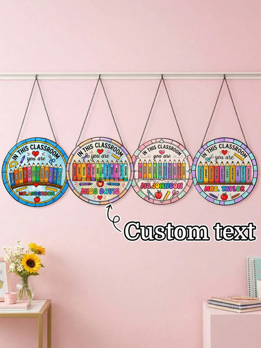 1pc Custom Teacher Stained Suncatcher, Personalized Classroom Decor, Teacher Appreciation Gift, End Of Year Present, Rainbow Crayon Border Stained Classroom Door Sign,Teacher Gift,New Teacher Welcome
