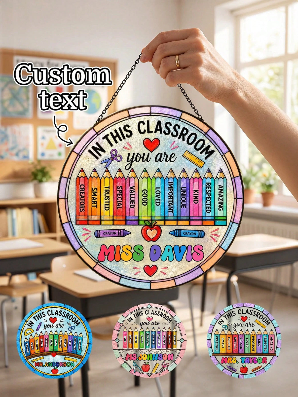 1pc Custom Teacher Stained Suncatcher, Personalized Classroom Decor, Teacher Appreciation Gift, End Of Year Present, Rainbow Crayon Border Stained Classroom Door Sign,Teacher Gift,New Teacher Welcome