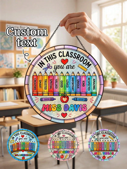 1pc Custom Teacher Stained Suncatcher, Personalized Classroom Decor, Teacher Appreciation Gift, End Of Year Present, Rainbow Crayon Border Stained Classroom Door Sign,Teacher Gift,New Teacher Welcome