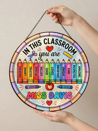 1pc Custom Teacher Stained Suncatcher, Personalized Classroom Decor, Teacher Appreciation Gift, End Of Year Present, Rainbow Crayon Border Stained Classroom Door Sign,Teacher Gift,New Teacher Welcome