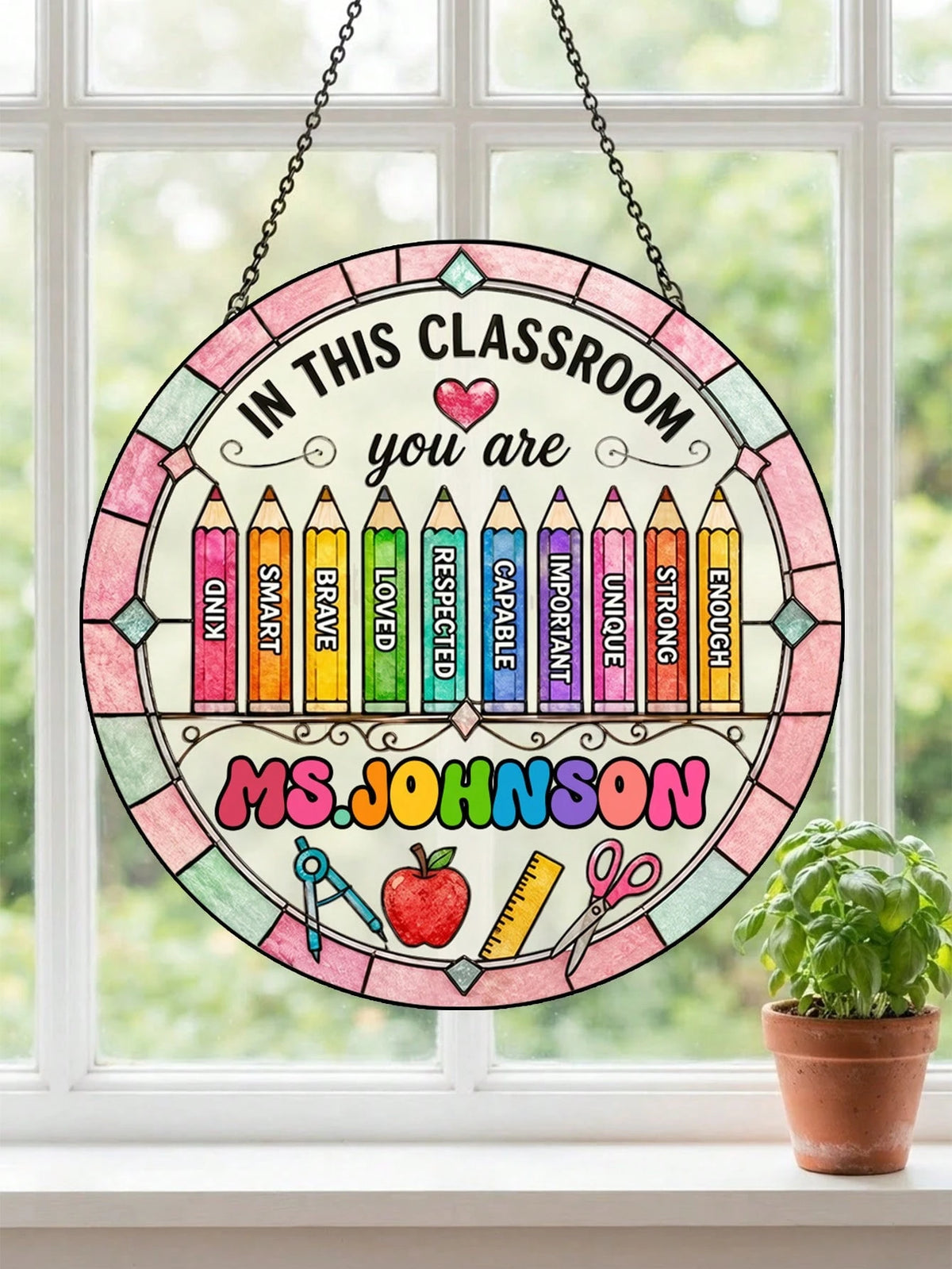 1pc Custom Teacher Stained Suncatcher, Personalized Classroom Decor, Teacher Appreciation Gift, End Of Year Present, Rainbow Crayon Border Stained Classroom Door Sign,Teacher Gift,New Teacher Welcome