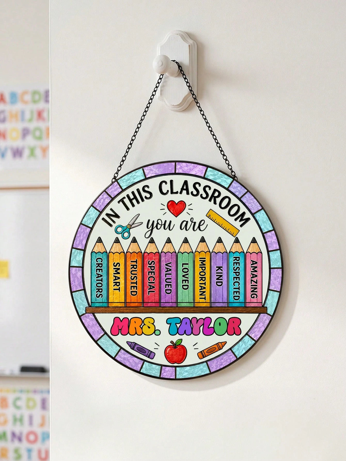 1pc Custom Teacher Stained Suncatcher, Personalized Classroom Decor, Teacher Appreciation Gift, End Of Year Present, Rainbow Crayon Border Stained Classroom Door Sign,Teacher Gift,New Teacher Welcome