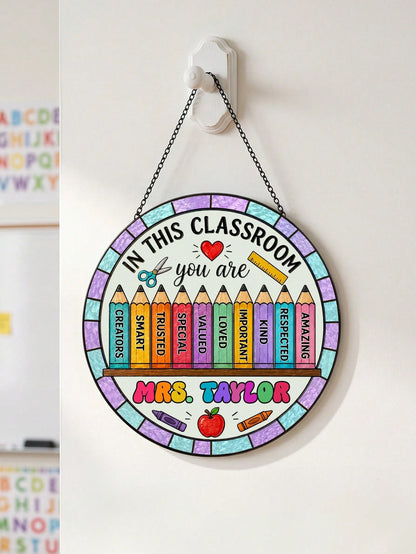 1pc Custom Teacher Stained Suncatcher, Personalized Classroom Decor, Teacher Appreciation Gift, End Of Year Present, Rainbow Crayon Border Stained Classroom Door Sign,Teacher Gift,New Teacher Welcome
