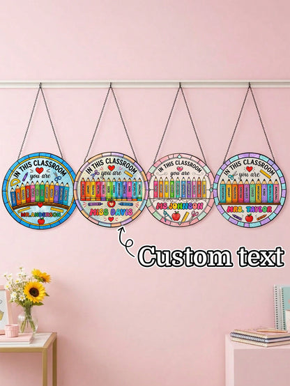 1pc Custom Teacher Stained Suncatcher, Personalized Classroom Decor, Teacher Appreciation Gift, End Of Year Present, Rainbow Crayon Border Stained Classroom Door Sign,Teacher Gift,New Teacher Welcome