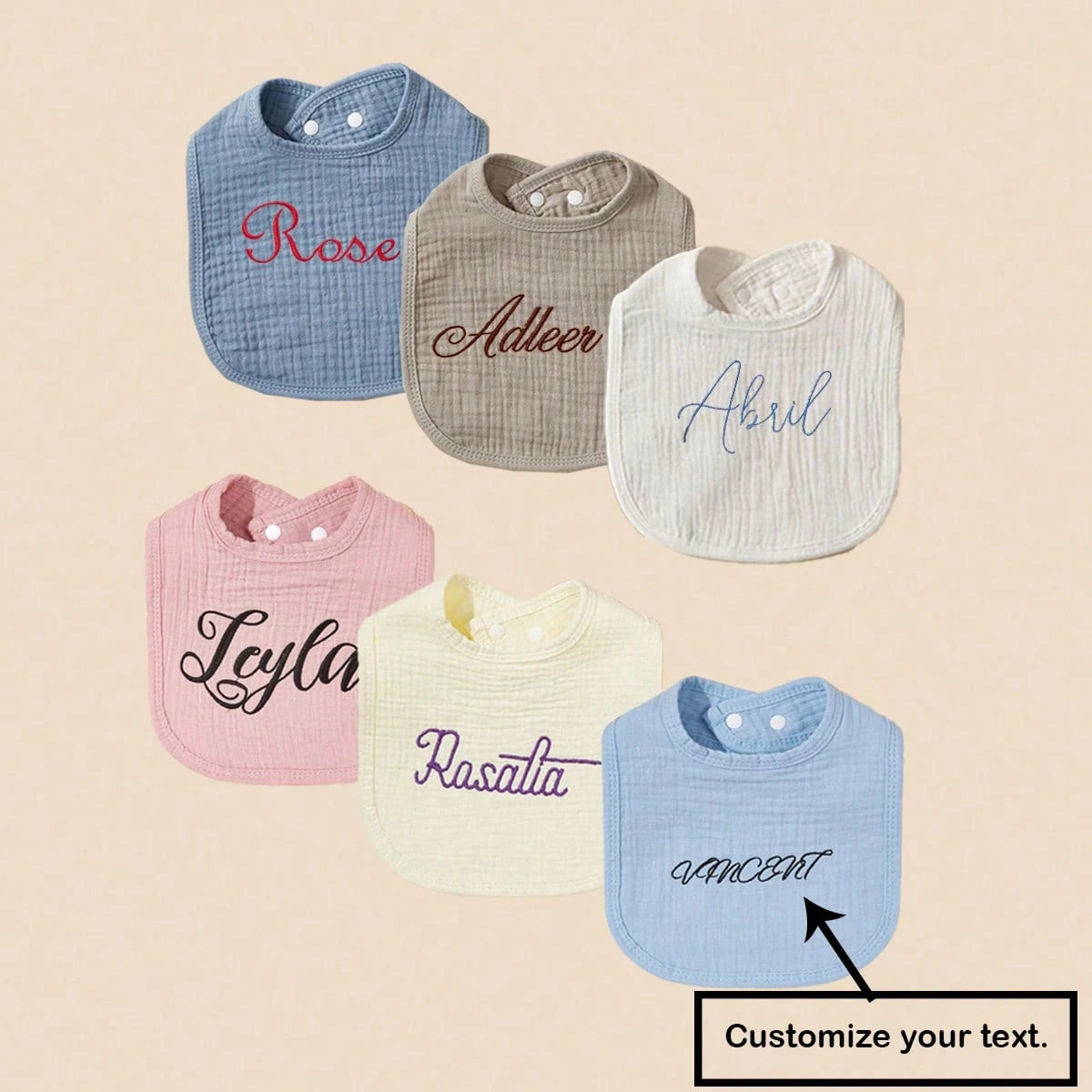 1pc Customizable Text Design Baby Bibs, Soft Absorbent Breathable Pure Cotton Plain, Suitable For Boys And Girls, All Seasons
