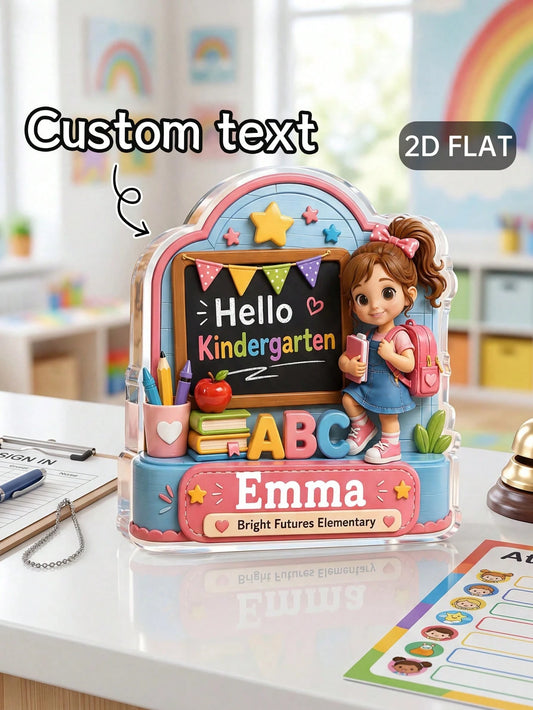 1pc Customized Children's Name Hello Kindergarten Sign, Cartoon Backpack Girl Acrylic Desktop Decor, Kindergarten First Day Milestone Commemorative Gift, Back To School Season