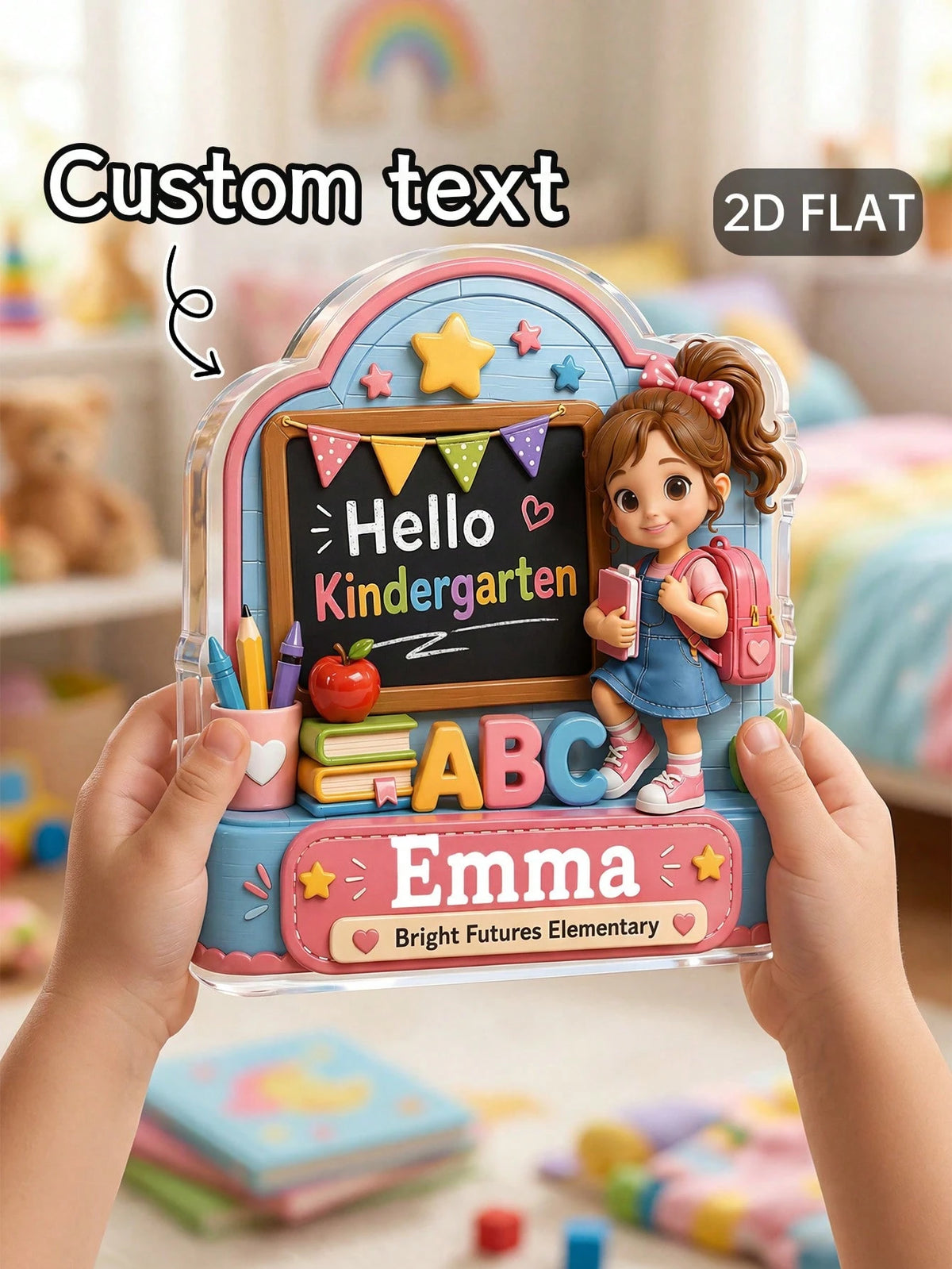 1pc Customized Children's Name Hello Kindergarten Sign, Cartoon Backpack Girl Acrylic Desktop Decor, Kindergarten First Day Milestone Commemorative Gift, Back To School Season