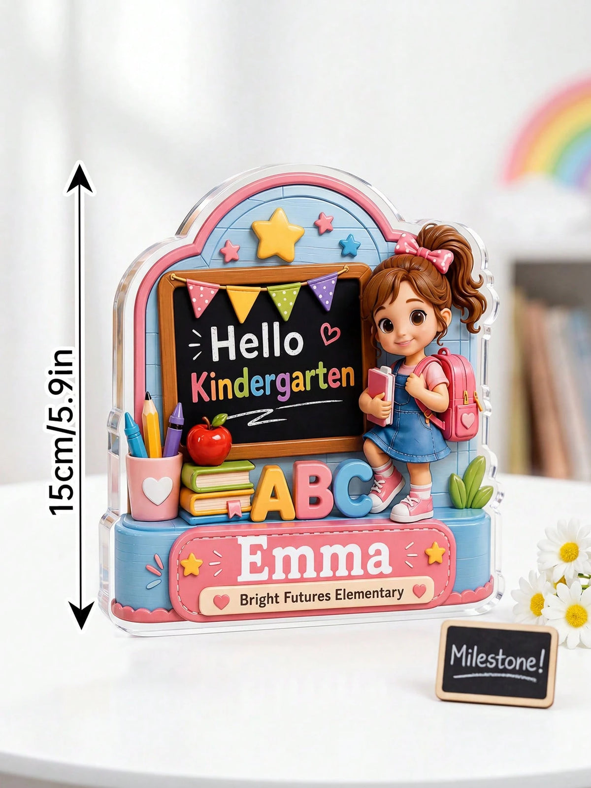 1pc Customized Children's Name Hello Kindergarten Sign, Cartoon Backpack Girl Acrylic Desktop Decor, Kindergarten First Day Milestone Commemorative Gift, Back To School Season