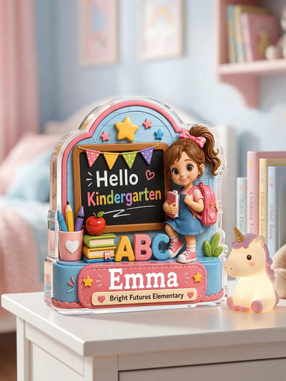 1pc Customized Children's Name Hello Kindergarten Sign, Cartoon Backpack Girl Acrylic Desktop Decor, Kindergarten First Day Milestone Commemorative Gift, Back To School Season