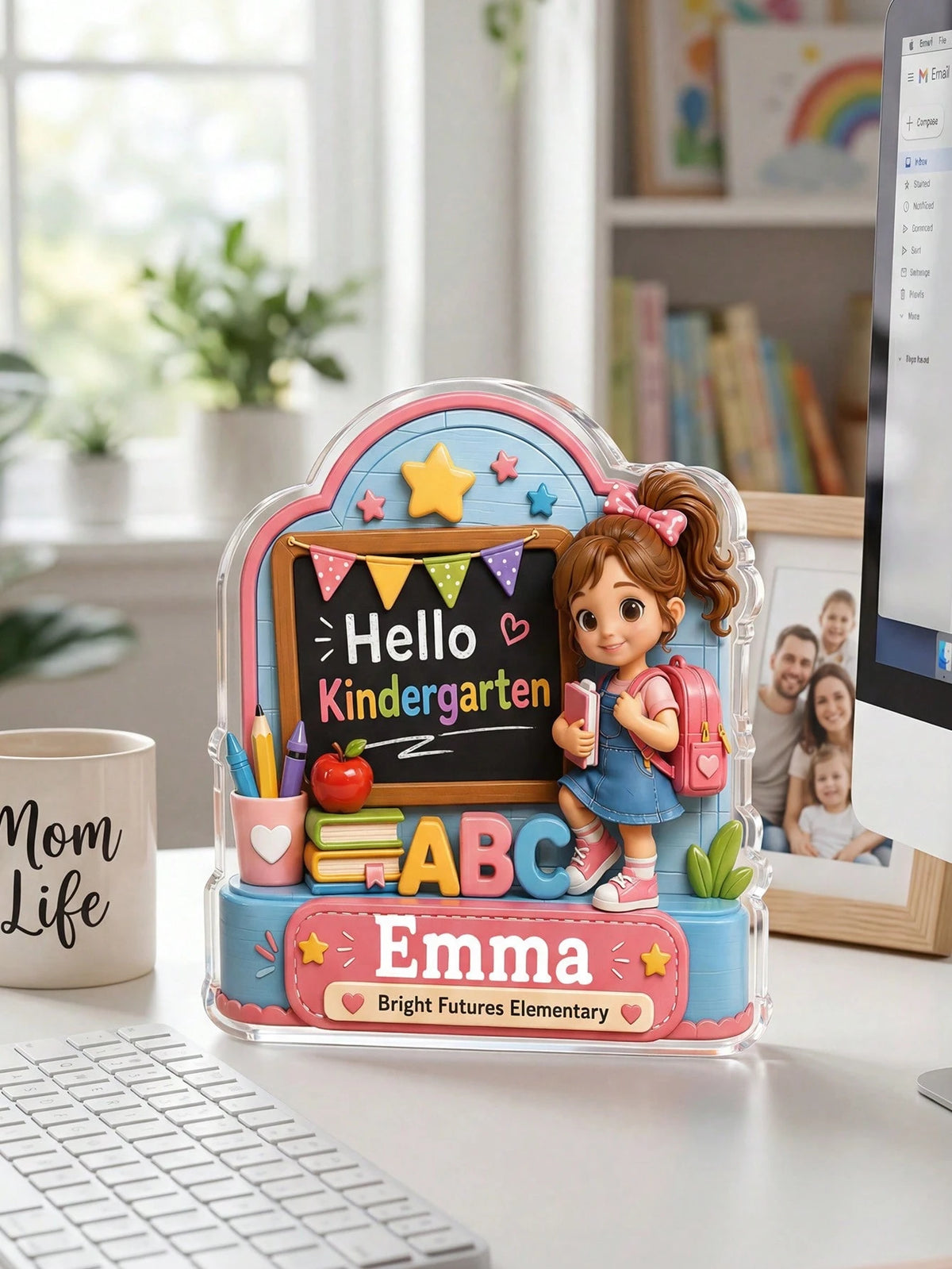 1pc Customized Children's Name Hello Kindergarten Sign, Cartoon Backpack Girl Acrylic Desktop Decor, Kindergarten First Day Milestone Commemorative Gift, Back To School Season