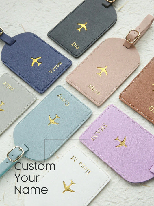 1pc Customized Gold Monogram Faux Leather Luggage Tags For SuitcasesCustom Hot Stamping Name Luggage Tag With Privacy Name Card Personalized Travel Bag Backpack Tags Wedding Seating Cards, Gift TagsTr