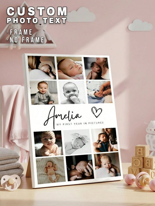 1pc Customized Photo & Text Canvas Print, Personalized Canvas Poster, Baby Birth Information Canvas Art, Customizable Name & Text, Nursery Wall Decor, Wall Hanging, Desk Ornament, Desk Decor, Baby Sho