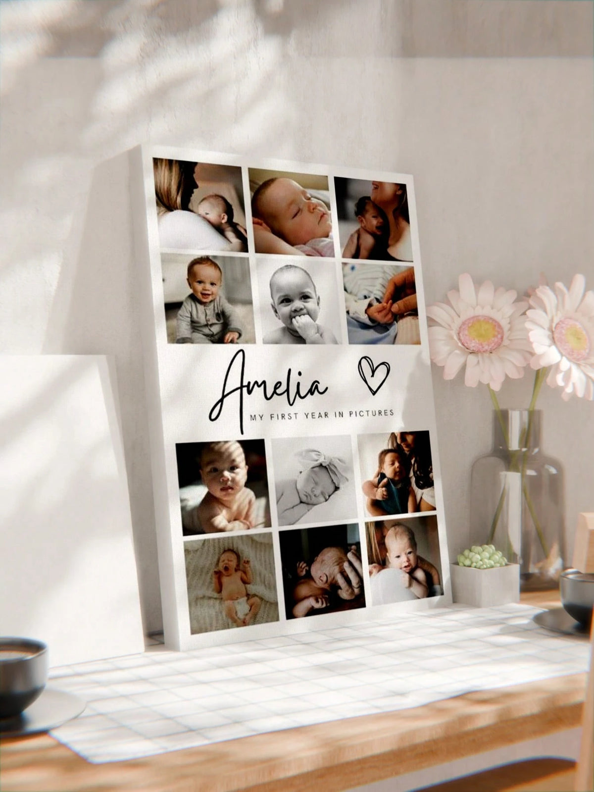 1pc Customized Photo & Text Canvas Print, Personalized Canvas Poster, Baby Birth Information Canvas Art, Customizable Name & Text, Nursery Wall Decor, Wall Hanging, Desk Ornament, Desk Decor, Baby Sho