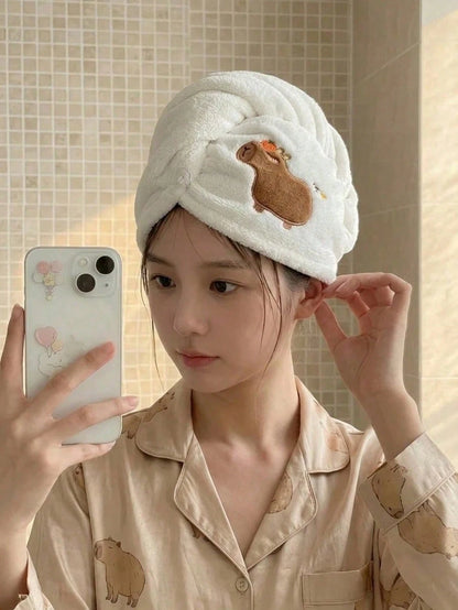 1pc Cute Cartoon Capybara Plush Hair Drying Cap, Absorbent Quick-Dry Coral Fleece Bath Hat, Women's Cute Hair Towel, Home Bathroom Decor, Summer Back To School