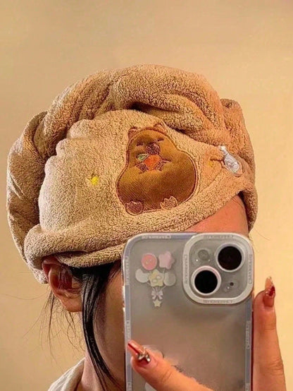 1pc Cute Cartoon Capybara Plush Hair Drying Cap, Absorbent Quick-Dry Coral Fleece Bath Hat, Women's Cute Hair Towel, Home Bathroom Decor, Summer Back To School