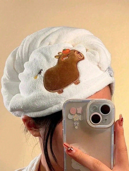 1pc Cute Cartoon Capybara Plush Hair Drying Cap, Absorbent Quick-Dry Coral Fleece Bath Hat, Women's Cute Hair Towel, Home Bathroom Decor, Summer Back To School