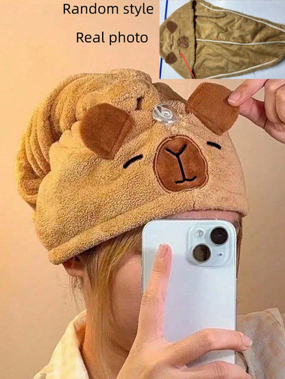 1pc Cute Cartoon Capybara Plush Hair Drying Cap, Absorbent Quick-Dry Coral Fleece Bath Hat, Women's Cute Hair Towel, Home Bathroom Decor, Summer Back To School
