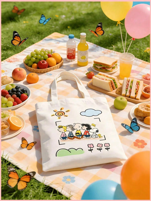 1PC Cute Snoopy Friends Canvas Tote Bag, Large Capacity Reusable Shoulder Bag, Perfect For School, Picnic, Coffee Trip, Beach, Daily Commute, Birthday, Girls Holiday Gift