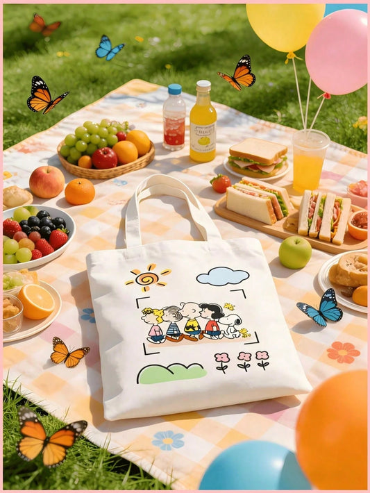1PC Cute Snoopy Friends Canvas Tote Bag, Large Capacity Reusable Shoulder Bag, Perfect For School, Picnic, Coffee Trip, Beach, Daily Commute, Birthday, Girls Holiday Gift