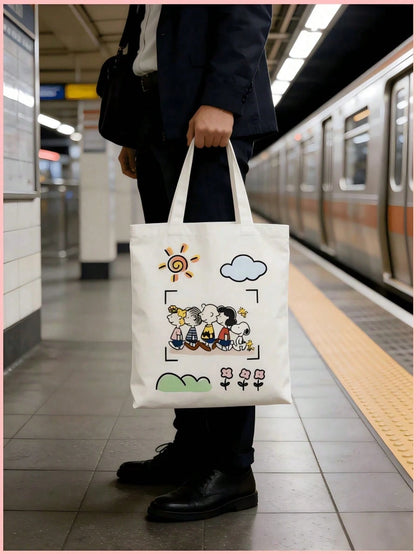 1PC Cute Snoopy Friends Canvas Tote Bag, Large Capacity Reusable Shoulder Bag, Perfect For School, Picnic, Coffee Trip, Beach, Daily Commute, Birthday, Girls Holiday Gift