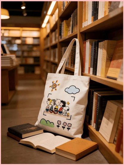 1PC Cute Snoopy Friends Canvas Tote Bag, Large Capacity Reusable Shoulder Bag, Perfect For School, Picnic, Coffee Trip, Beach, Daily Commute, Birthday, Girls Holiday Gift