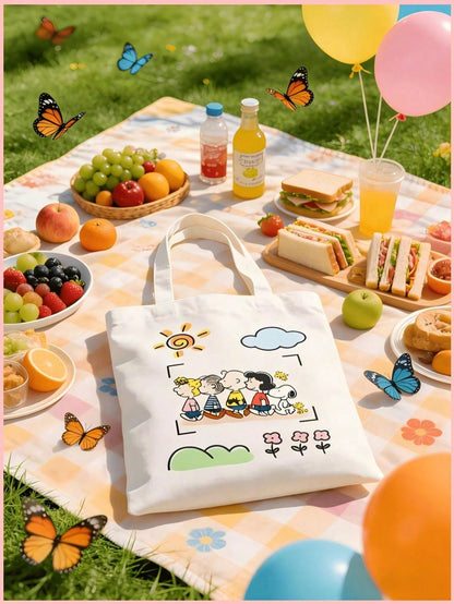 1PC Cute Snoopy Friends Canvas Tote Bag, Large Capacity Reusable Shoulder Bag, Perfect For School, Picnic, Coffee Trip, Beach, Daily Commute, Birthday, Girls Holiday Gift