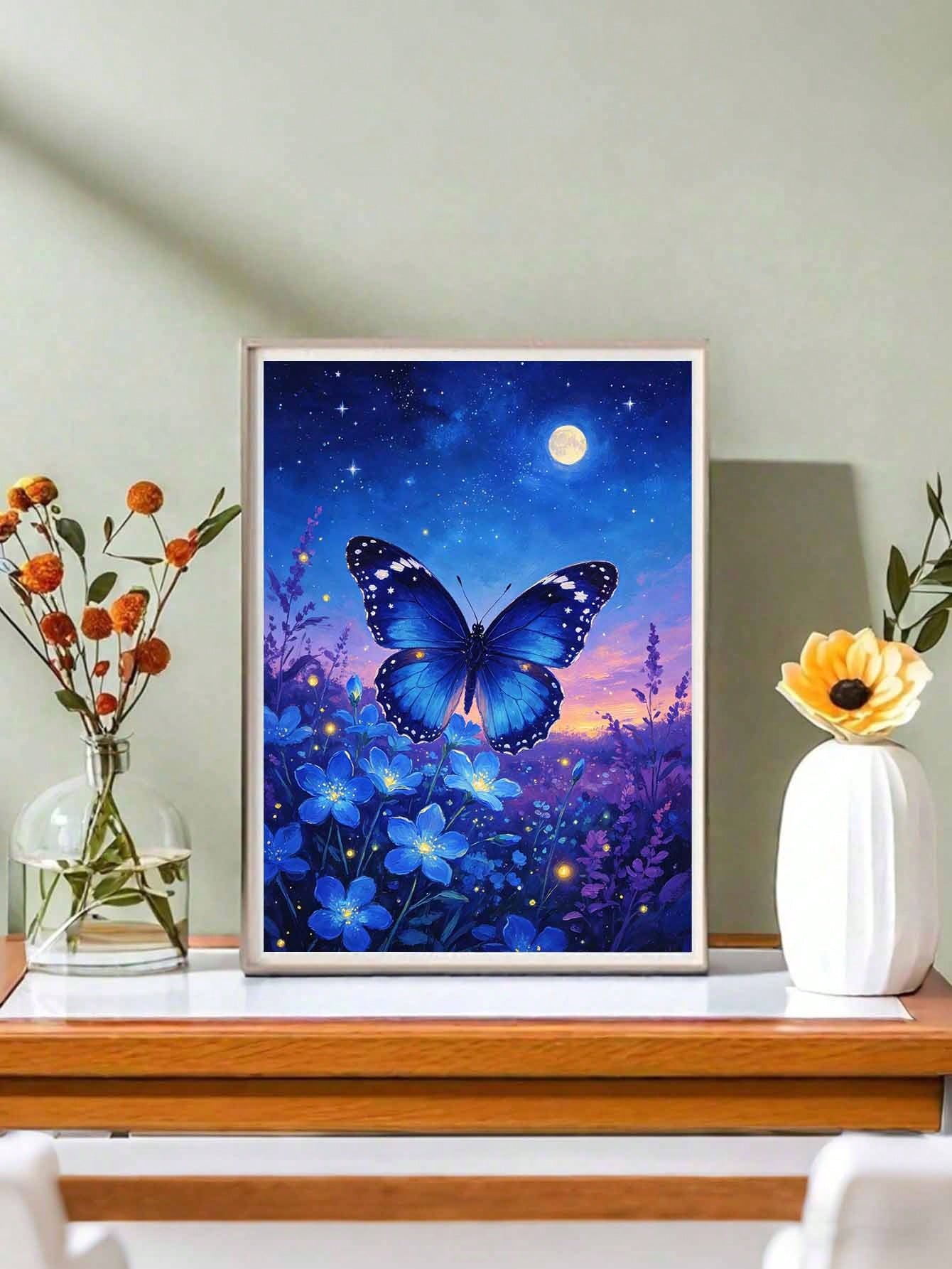 1Pc Digital Oil Painting By Numbers, Blue Morpho Butterfly, Handmade Canvas Art Suitable For Adult Beginners, DIY Frameless Digital Oil Painting, Home Wall Decoration Gifts.