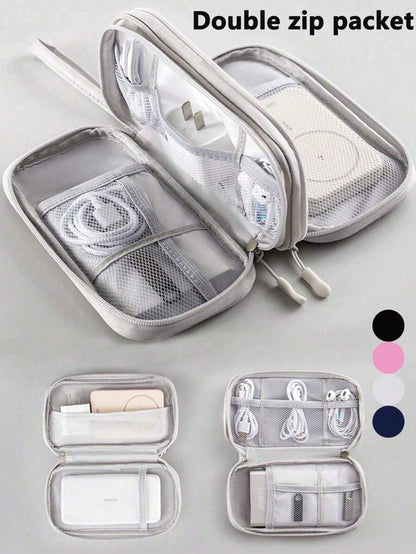1pc Dual Layer Digital Accessories Organizer Bag, Multifunctional Storage Pouch, Waterproof Portable Electronics Organizer, Suitable For Short Trip Toiletry Bag, Travel Essential Storage Bag, Unisex E