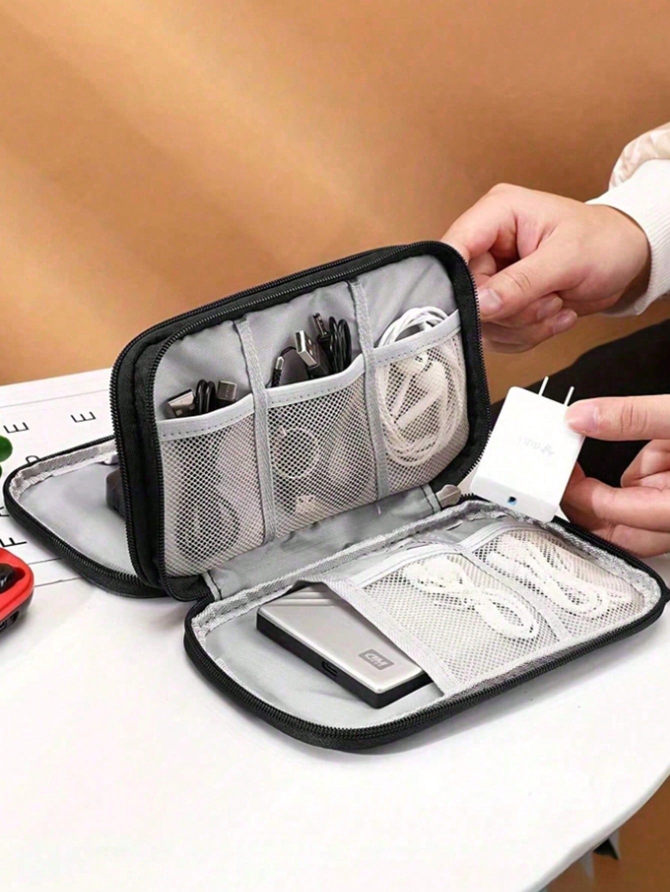1pc Dual Layer Digital Accessories Organizer Bag, Multifunctional Storage Pouch, Waterproof Portable Electronics Organizer, Suitable For Short Trip Toiletry Bag, Travel Essential Storage Bag, Unisex E