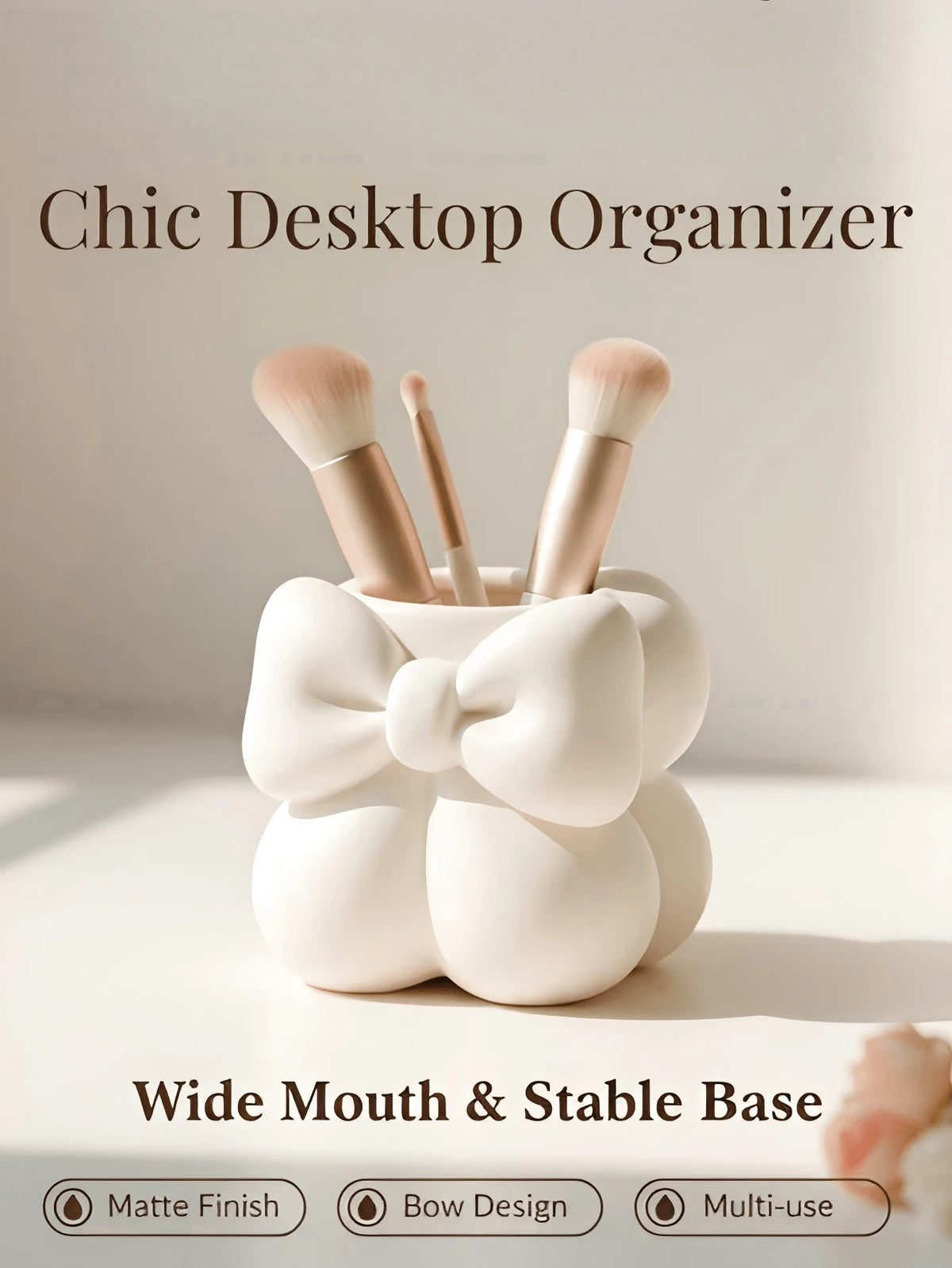 1pc Elegant Cream Bow Makeup Brush Holder, Soft Rounded Makeup Brush Storage Cup, Suitable For Vanity And Vanity Decor, Makeup Bag, Luxury Designer Bag, Makeup Storage, Vanity Storage, Bathroom Decor