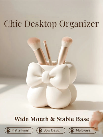 1pc Elegant Cream Bow Makeup Brush Holder, Soft Rounded Makeup Brush Storage Cup, Suitable For Vanity And Vanity Decor, Makeup Bag, Luxury Designer Bag, Makeup Storage, Vanity Storage, Bathroom Decor