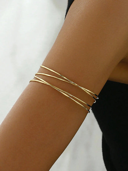 1pc Elegant Women Hollow Cross-Over Multilayer Arm Cuff, Adjustable Minimalist Luxury Bracelet Accessory,Summer,Jewellery,Festival,Classy