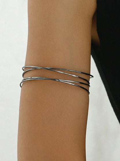 1pc Elegant Women Hollow Cross-Over Multilayer Arm Cuff, Adjustable Minimalist Luxury Bracelet Accessory,Summer,Jewellery,Festival,Classy