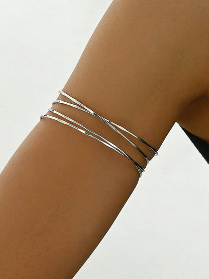 1pc Elegant Women Hollow Cross-Over Multilayer Arm Cuff, Adjustable Minimalist Luxury Bracelet Accessory,Summer,Jewellery,Festival,Classy