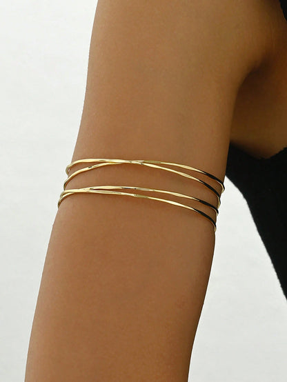 1pc Elegant Women Hollow Cross-Over Multilayer Arm Cuff, Adjustable Minimalist Luxury Bracelet Accessory,Summer,Jewellery,Festival,Classy