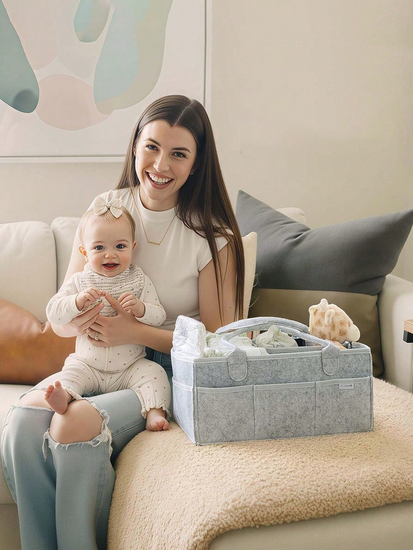 1pc Extra Large Grey Diaper Bag, Newborn Essentials, Diaper Storage Basket, Baby Supplies, Christening Accessories, Unisex Baby Room Decor